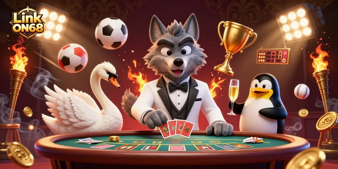 Join the excitement of Link ON68 with this vibrant 3D illustration showcasing a wolf, swan, and penguin at a baccarat table.