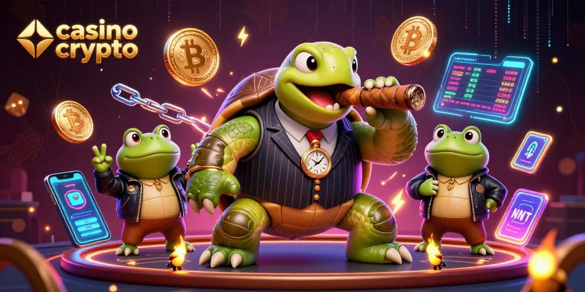 Scopri la vibrante scena di un casino crypto, con tartaruga e rane in azione tra bitcoin e neon.
