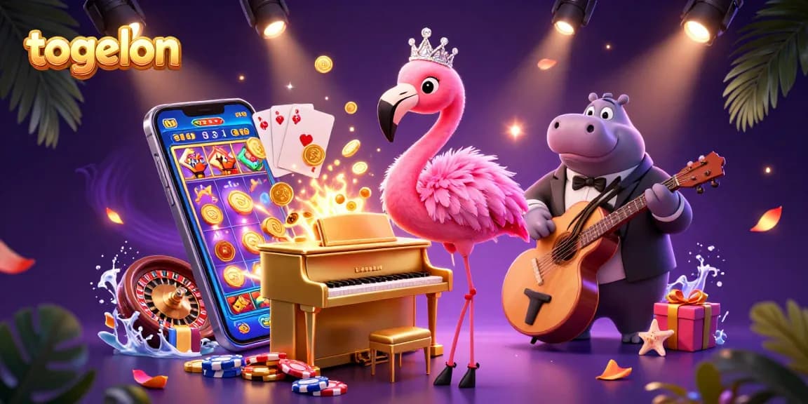 Togelon captivates players with dynamic 3D casino illustration featuring a flamingo singer and hippo bassist.