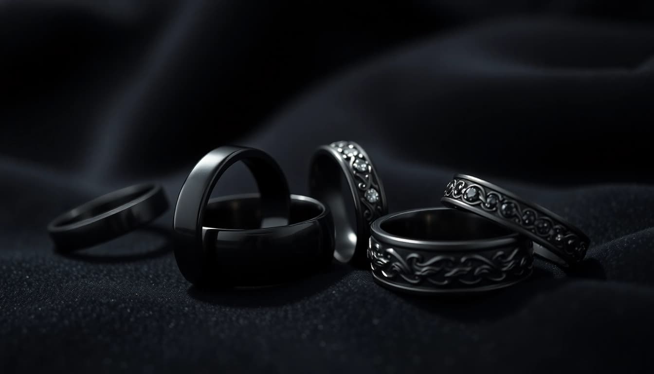 Showcasing unique Black Zirconium Rings with polished surfaces and elegant designs on a dark backdrop.