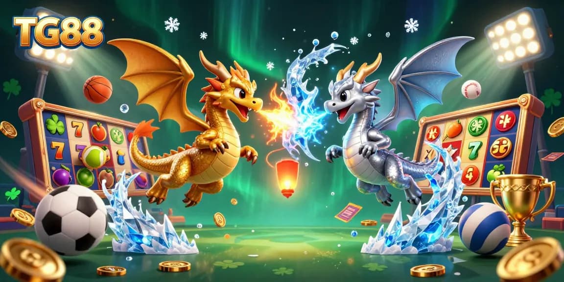 Experience dynamic gaming excitement with TG88's lottery and slot offerings featuring dragons battling amidst coins and tickets.