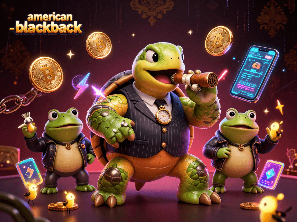 Engage in american-blackjack with a vibrant scene showcasing a snapping turtle and bullfrog enforcers in a dynamic casino.