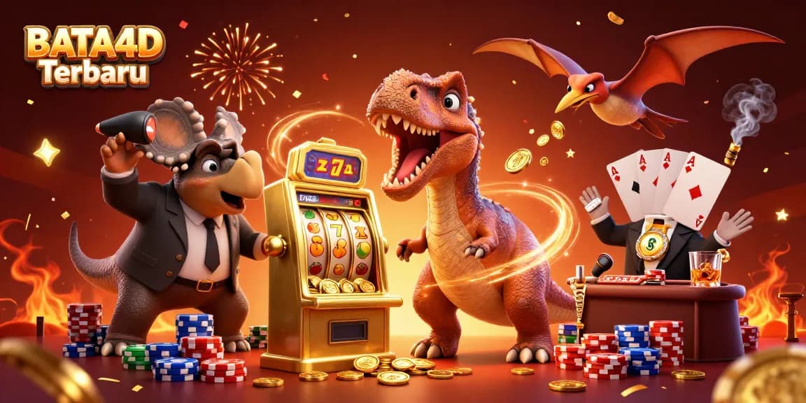 BATA4D Terbaru showcases a joyful dinosaur hitting a slot machine, celebrating with coins and poker elements.
