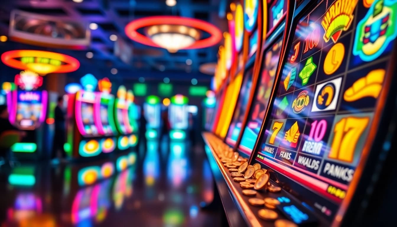 Engage in captivating slot gambling with vibrant machines and an energetic casino atmosphere.