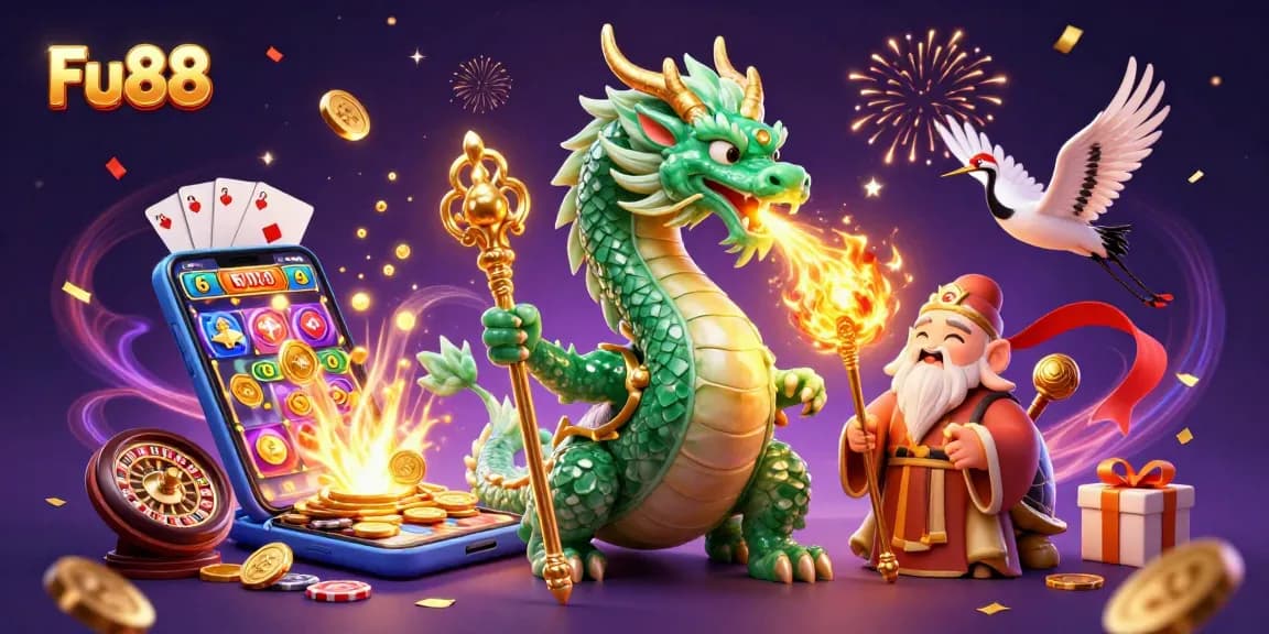 Experience the thrill of Fu88 with a vibrant dragon and turtle sage amidst dynamic gaming elements.