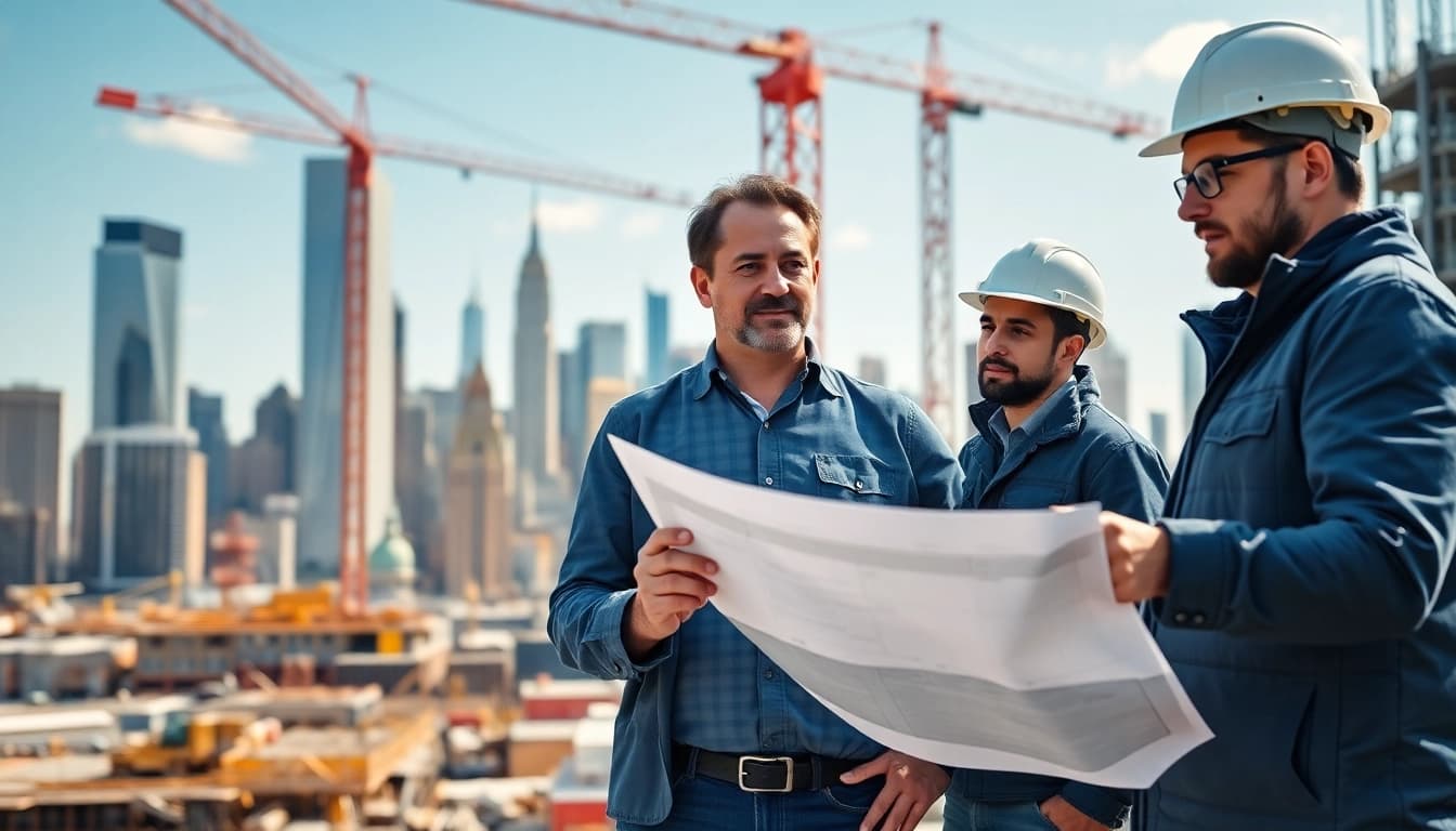 New York Construction Manager leading a project on-site with urban skyline backdrop