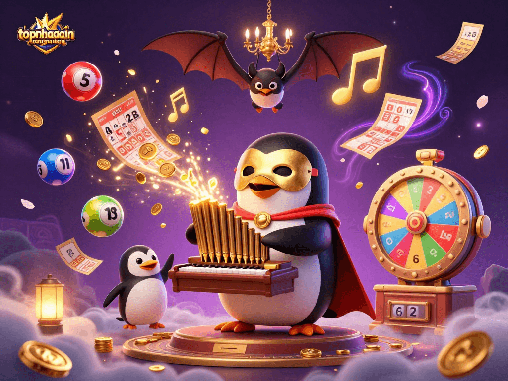 Join the gaming excitement at topnhacaiuytinn with a playful scene of a penguin gambling amidst colorful lottery elements and golden prizes.