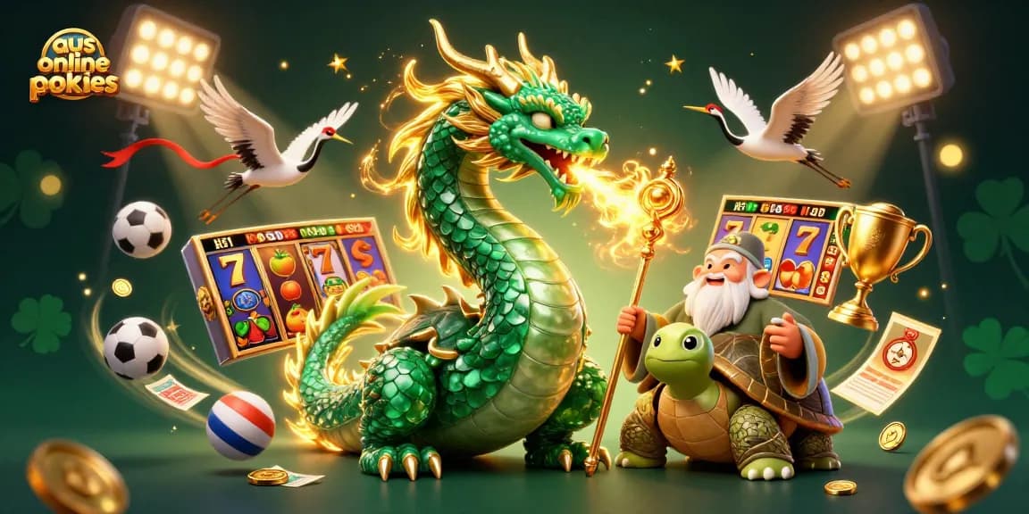 Try aus online pokies with this dynamic scene showcasing a jade dragon, turtle sage, and flying cranes.