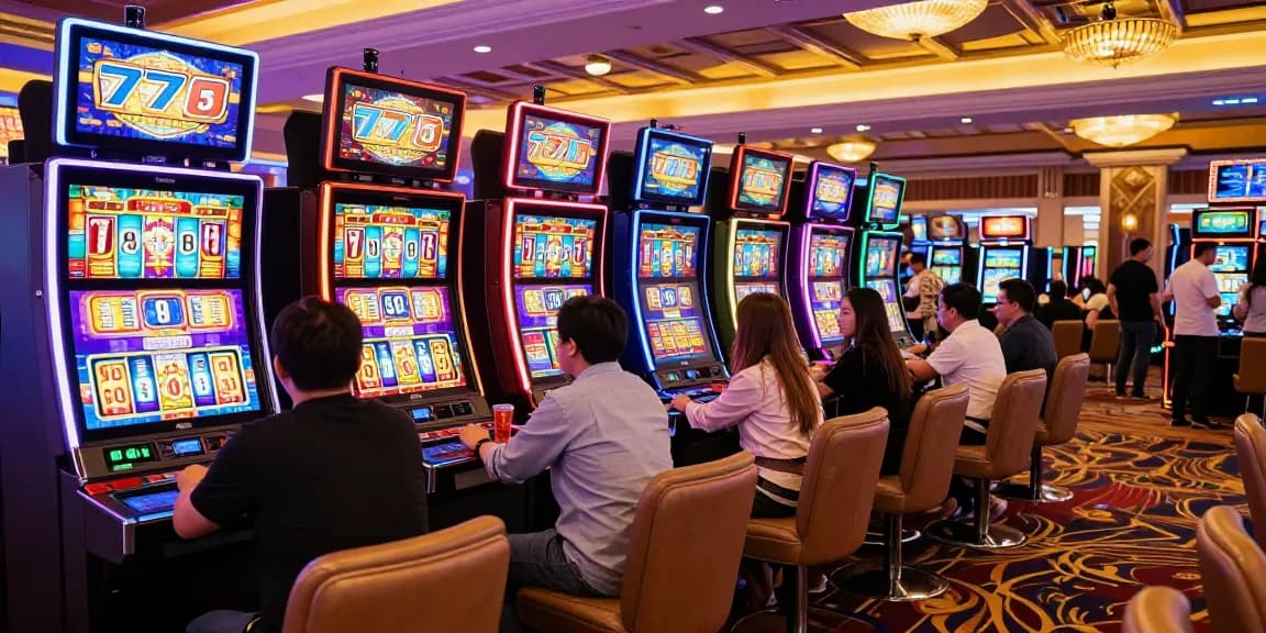 Players engaged at vibrant slot777 machines in a lively casino atmosphere.