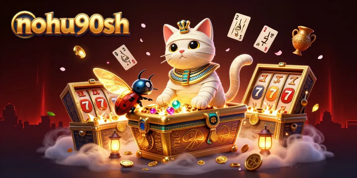 Experience excitement at nohu90sh with the mummy cat and glowing scarab in a casino setting.