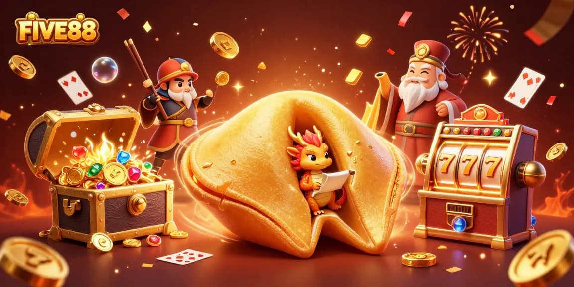 Feel the excitement at FIVE88 as a tiny dragon reveals fortunes surrounded by slot reels and gold coins!