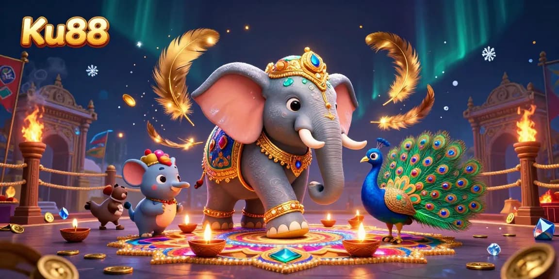 Join the excitement at Ku88 with a vibrant casino-themed scene showcasing Diwali elements.