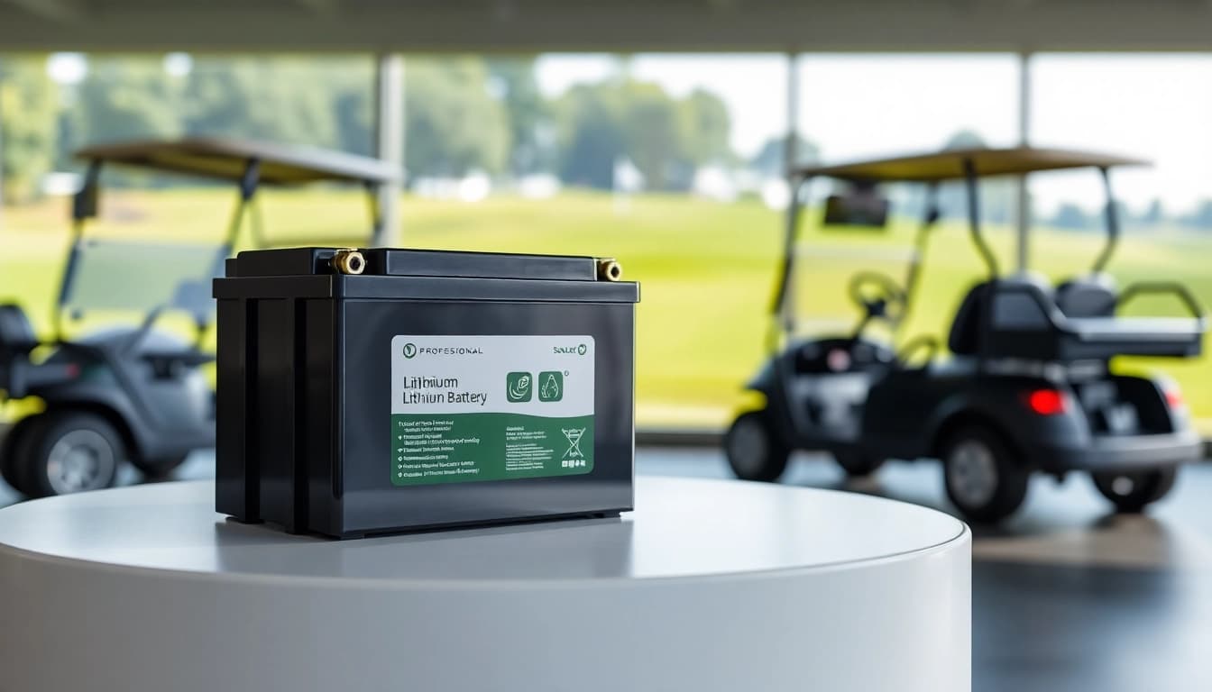 Showcase of lithium golf cart batteries highlighting features on a modern display table.