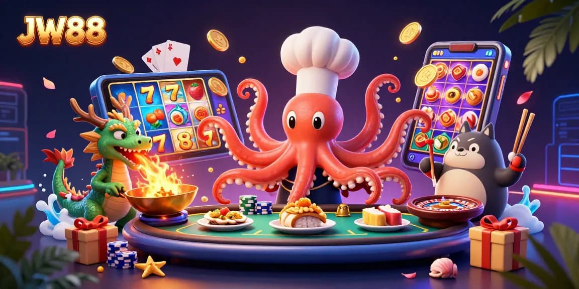 Experience the vibrant world of JW88 with a sushi chef octopus and winning slot action