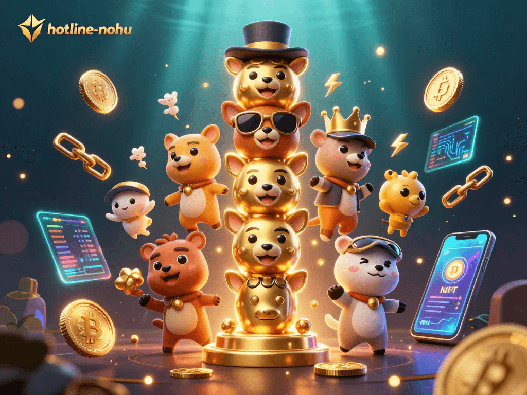 Experience vibrant casino action with hotline-nohu in a detailed 3D animated scene featuring animated animals and crypto elements.