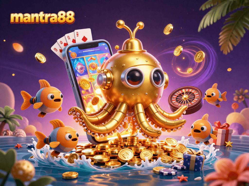 Experience mantra88 with a vibrant 3D slot game scene featuring a golden kraken, coins, and mobile gaming elements.