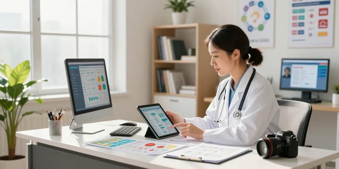 ブラビオンSの口コミを分析する医療専門家が、明るい診療所でタブレットを見ているシーン。