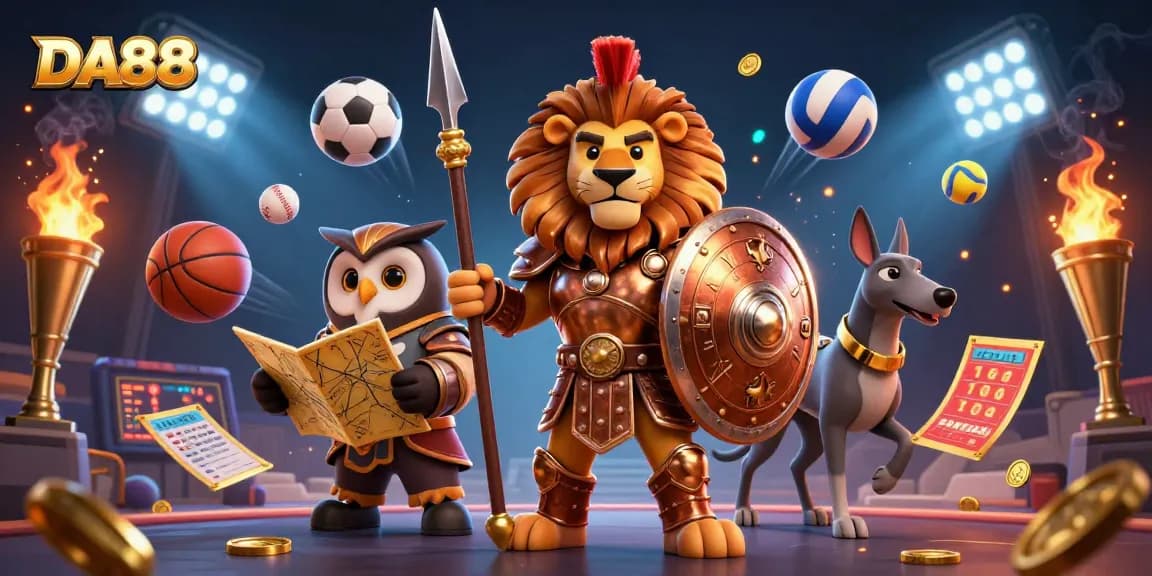 Experience thrilling gameplay with DA88 featuring a heroic Spartan lion and inspiring elements of sports betting.