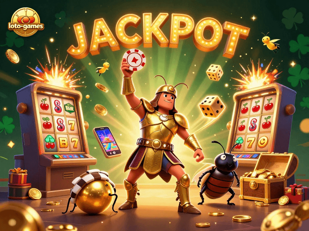 Experience exciting jackpots at loto-games with vibrant illustrations of winning elements in dynamic action.