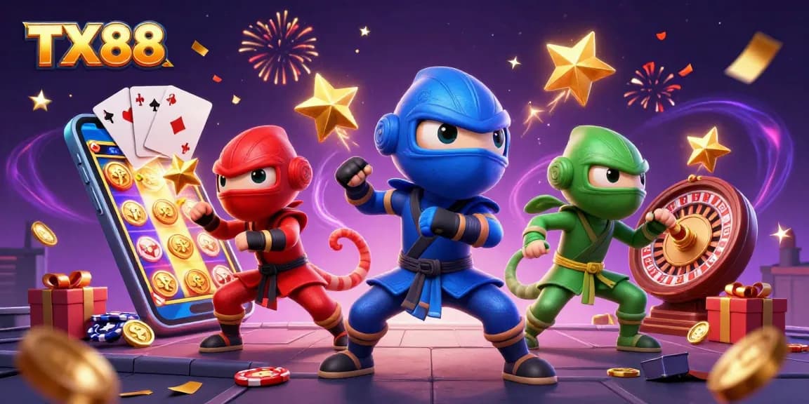 Experience the excitement of TX88 with ninja chameleons and vibrant casino elements bursting with energy.