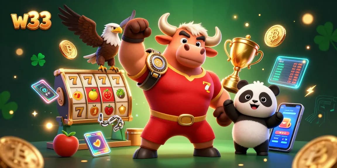 Engage with w33 pokies as the bull mascot celebrates wins in a dynamic casino scene.