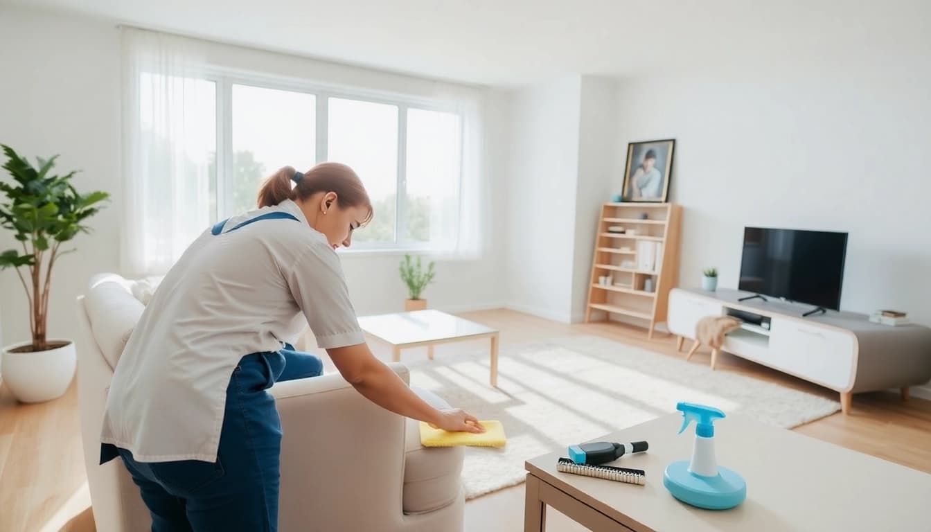 Cleaning a living room during bond cleaning, showcasing the transformation of a space.