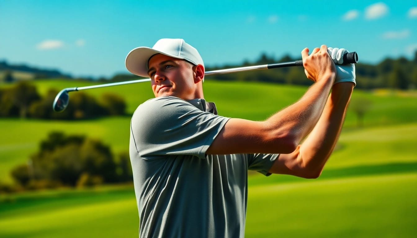 Golfer taking a powerful swing on a green golf course, highlighting the sport of Golf.