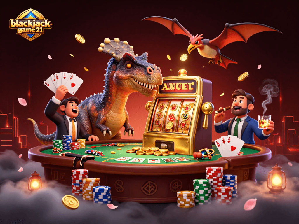 Experience excitement at blackjack-game21 with a dinosaur jackpot scene and dynamic casino action.