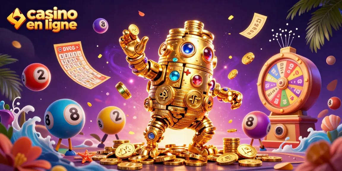 Illustration d'un golem doré animé dans un casino en ligne entouré de boules de loterie colorées et de billets dorés.
