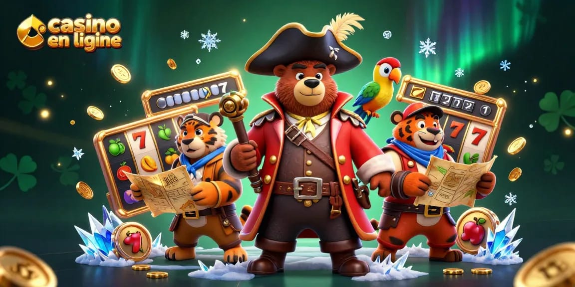 Gagnez avec le casino en ligne en jouant aux machines à sous, un ours pirate et un tigre.