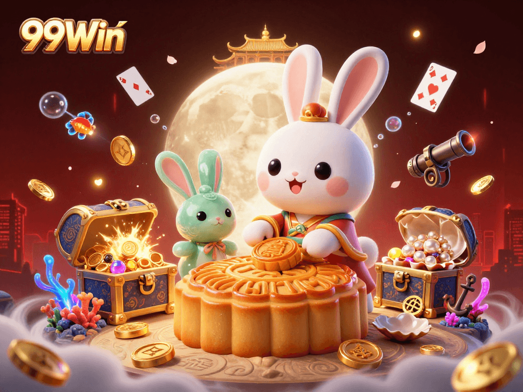 Engage in gaming excitement at 99Win featuring a lively scene with a moon rabbit, poker chips, and underwater treasures!