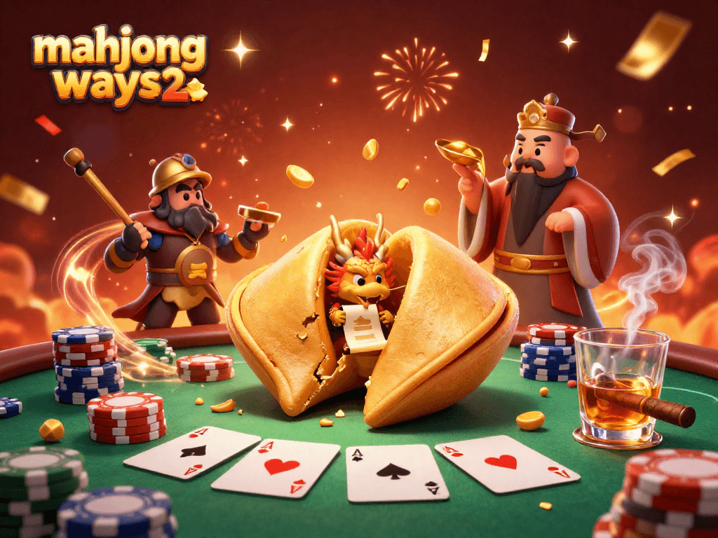 Experience mahjong ways 2 with a vibrant scene featuring a golden fortune cookie and lively casino elements.