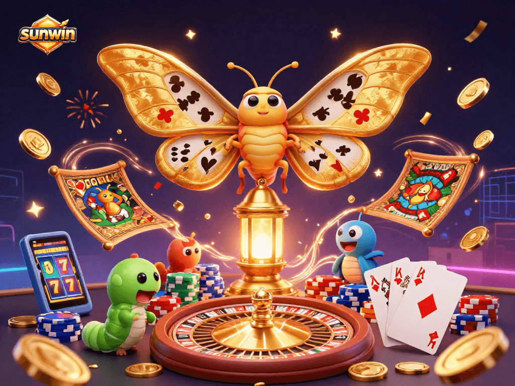 Experience the excitement of sunwin with vibrant casino elements and characters in a dynamic illustration.