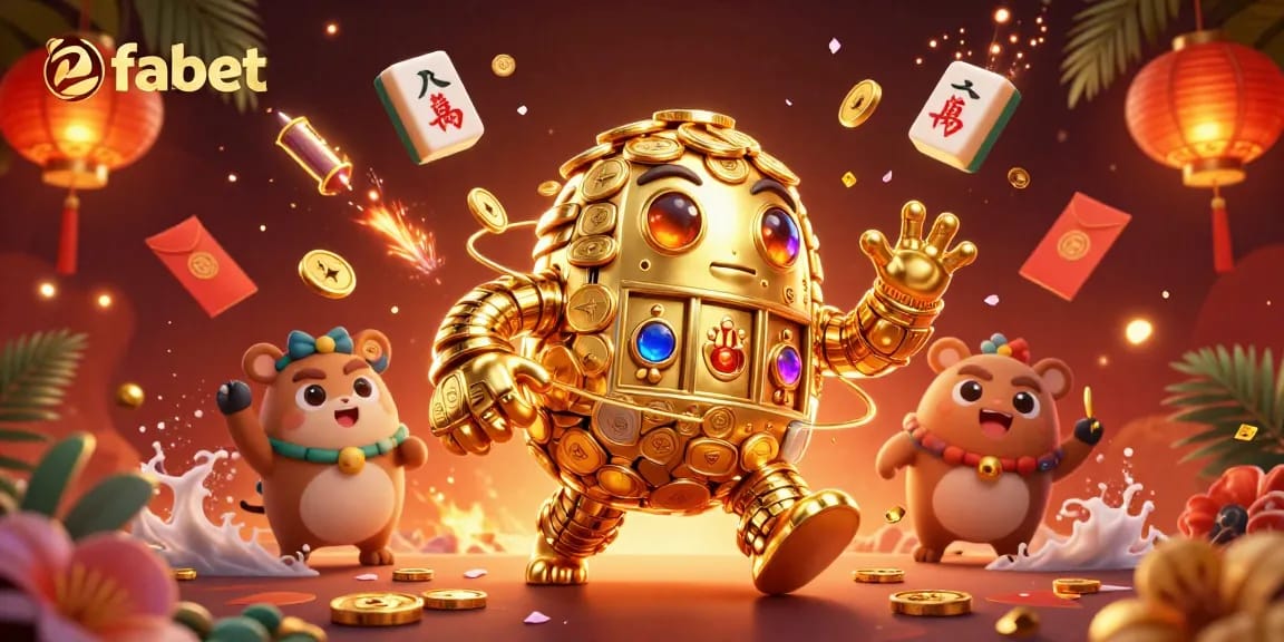 Experience the magic of fabet with a dynamic illustration of a golden golem and vibrant casino elements.