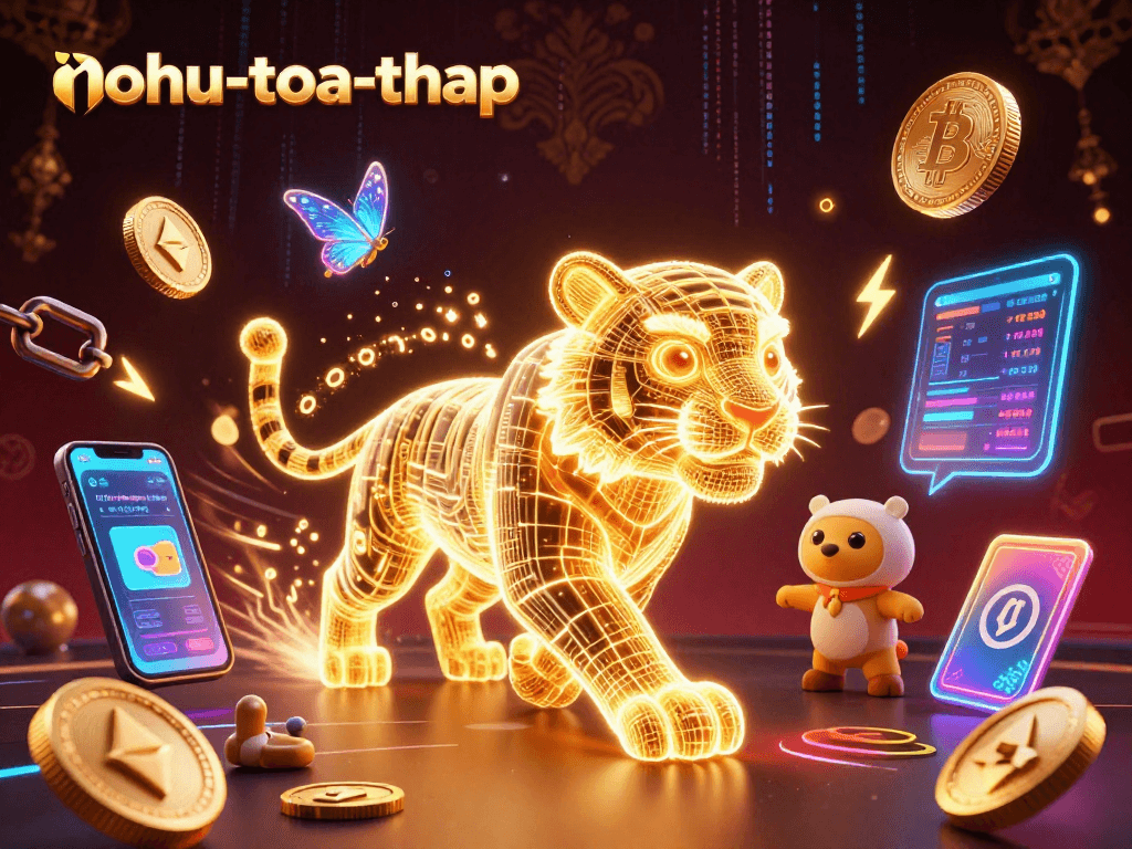 Nohutoa-thap showcases gaming excitement with digital tiger and crypto elements in a vibrant casino scene.