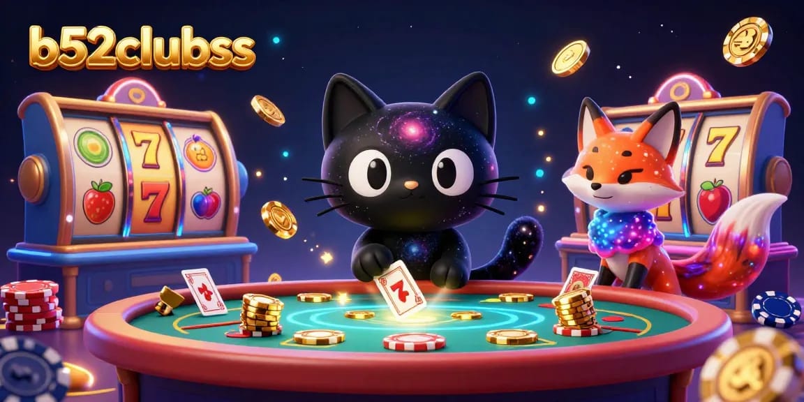 b52clubss features a playful black hole cat at a cosmic casino table attracting golden chips and cards amidst vibrant gaming elements.