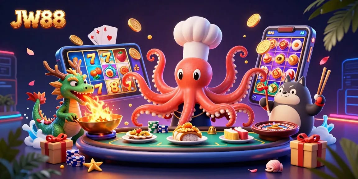 Experience the vibrant world of JW88 with a sushi chef octopus and winning slot action
