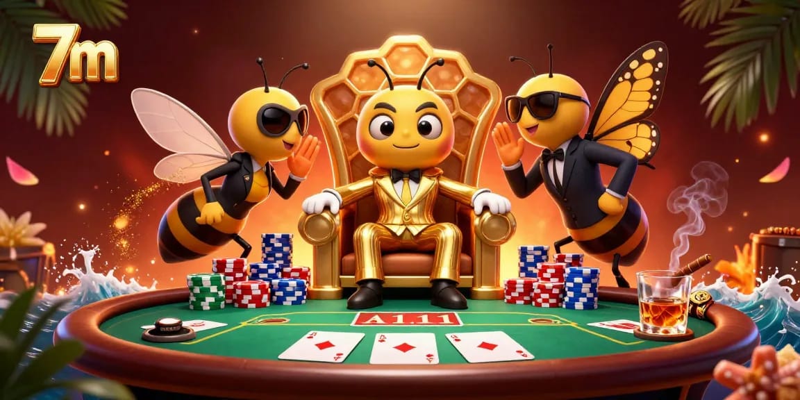 Experience thrilling betting with 7m featuring a cartoon bumblebee mob boss and poker elements.