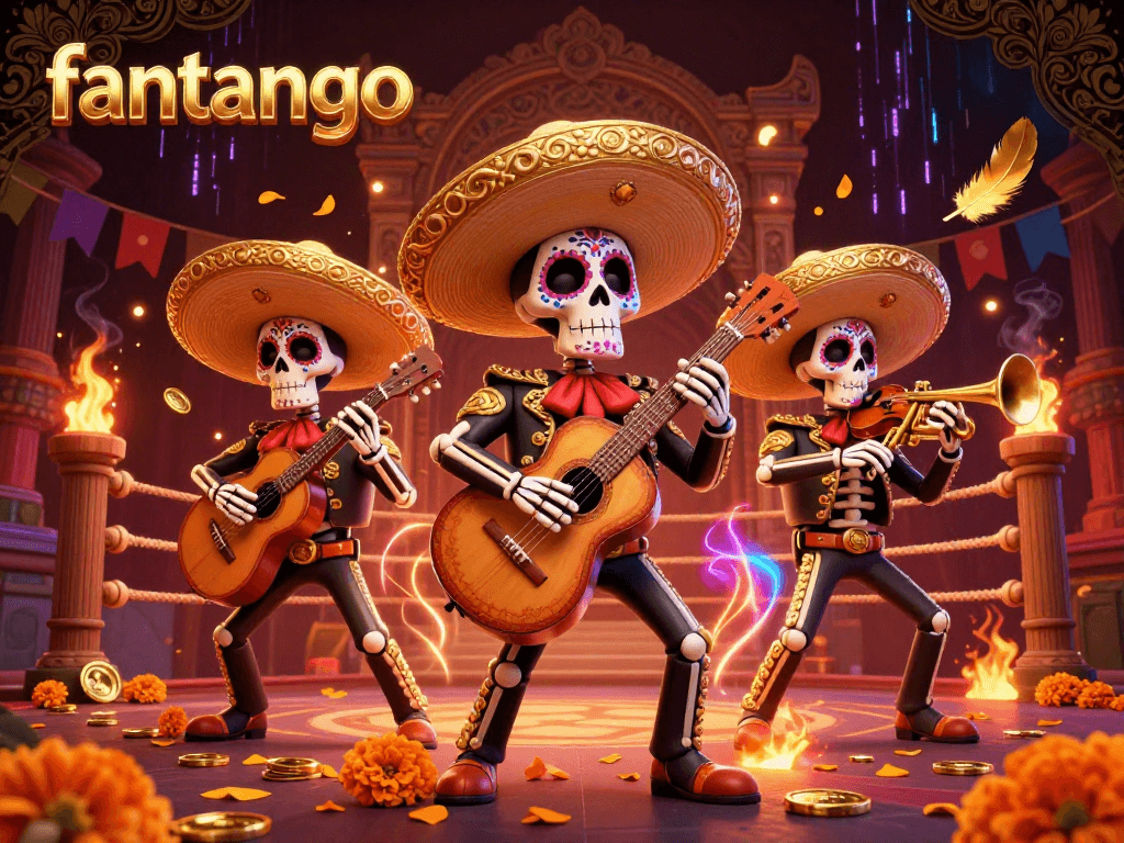 Experience the thrill of winning at fantango with vibrant skeleton musicians in a bustling casino.