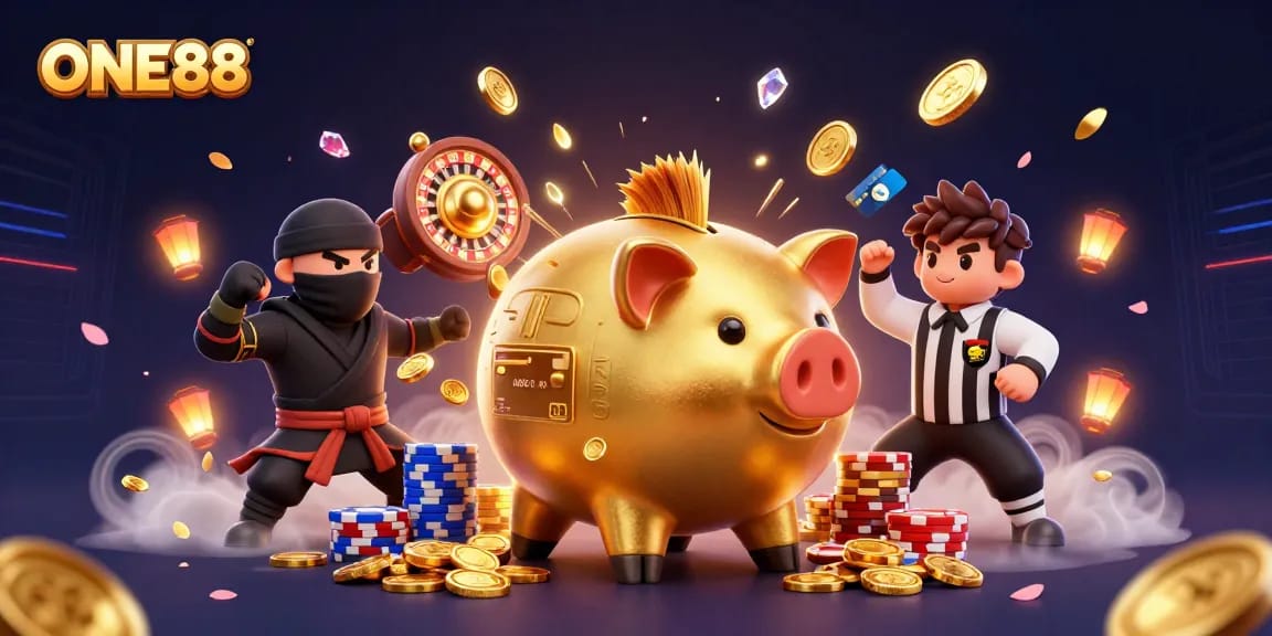ONE88 offers thrilling gaming action as a golden piggy bank sumo wrestler stomps coins, captivating players.