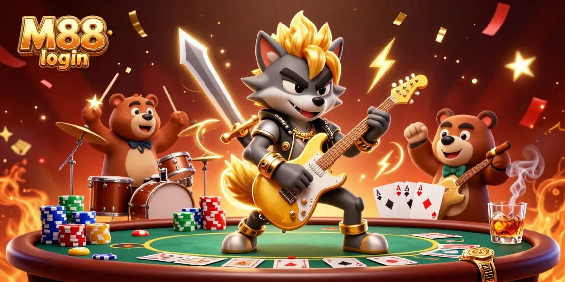M88 login showcases a dynamic cartoon scene with a rock star wolf and poker elements in a fun casino atmosphere.