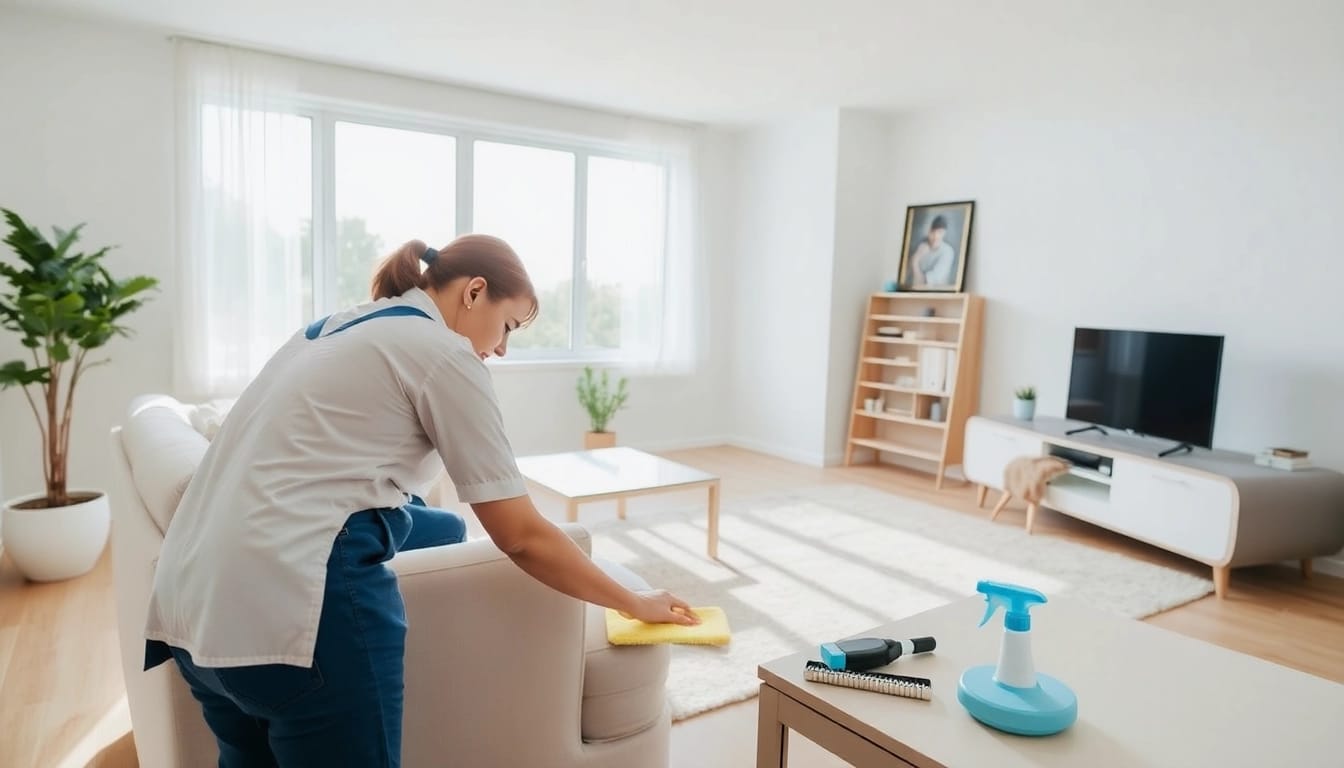 Cleaning a living room during bond cleaning, showcasing the transformation of a space.