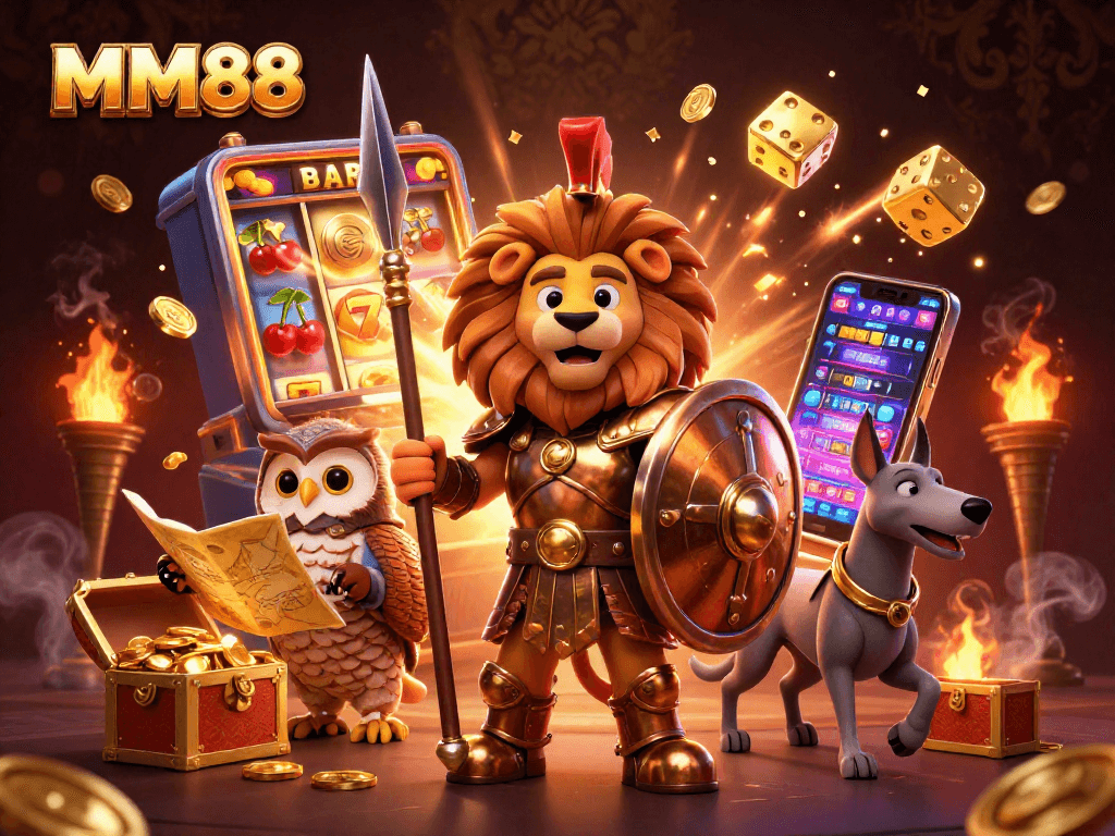 Play slots at MM88 with a vibrant 3D casino illustration showcasing lucky symbols and dynamic characters