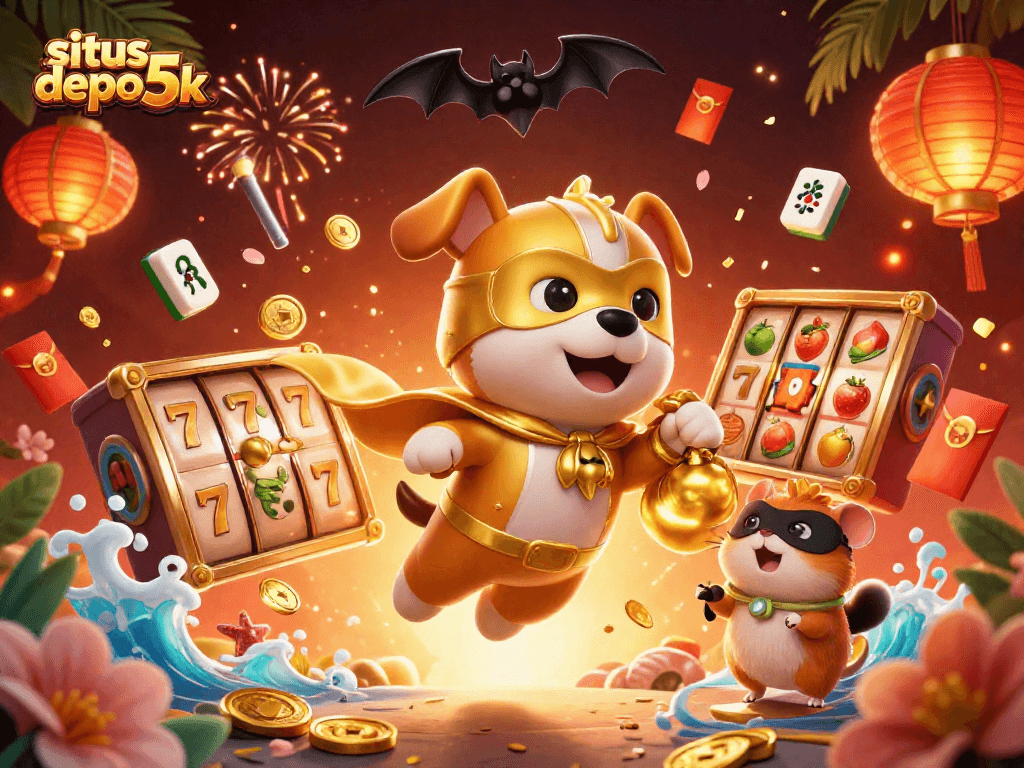 Engage with situs depo 5k in a vibrant, dynamic casino scene featuring a superhero dog and magical elements.