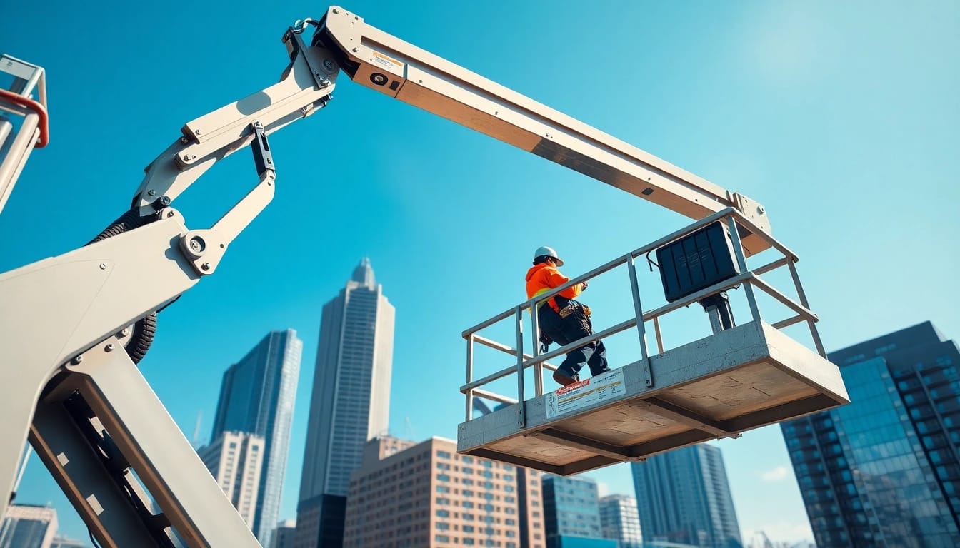 Worker using a cherry picker to reach high maintenance areas in a construction setting.