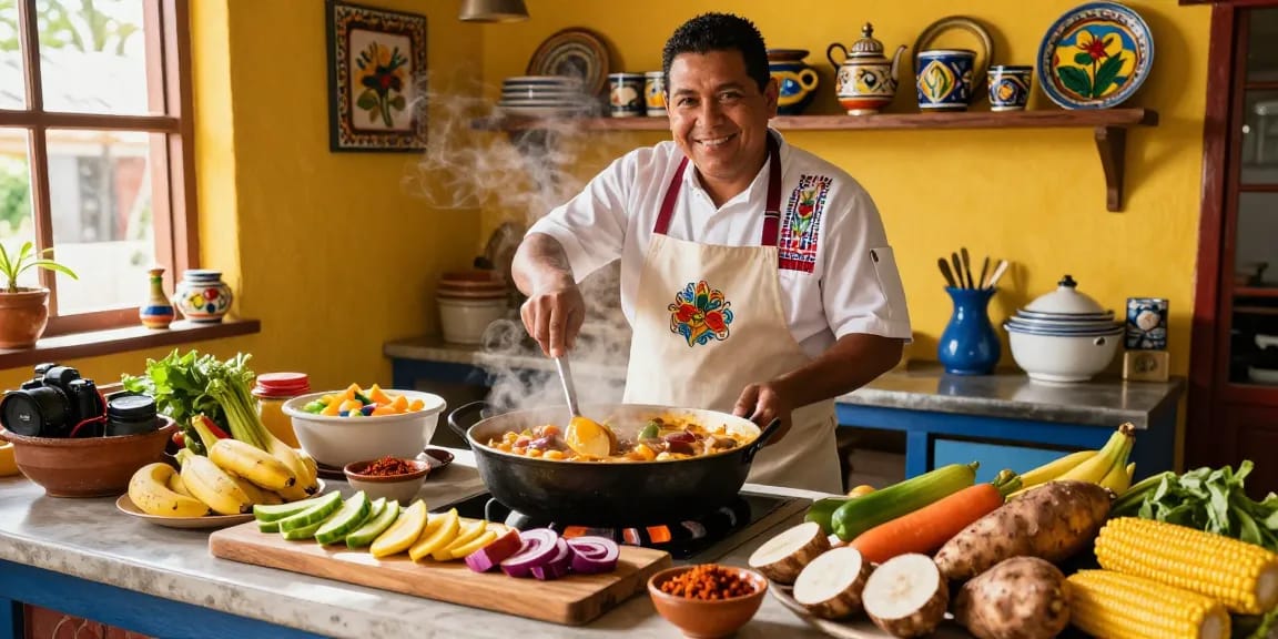 Best sancocho colombiano near me in a colorful Colombian kitchen with fresh ingredients.