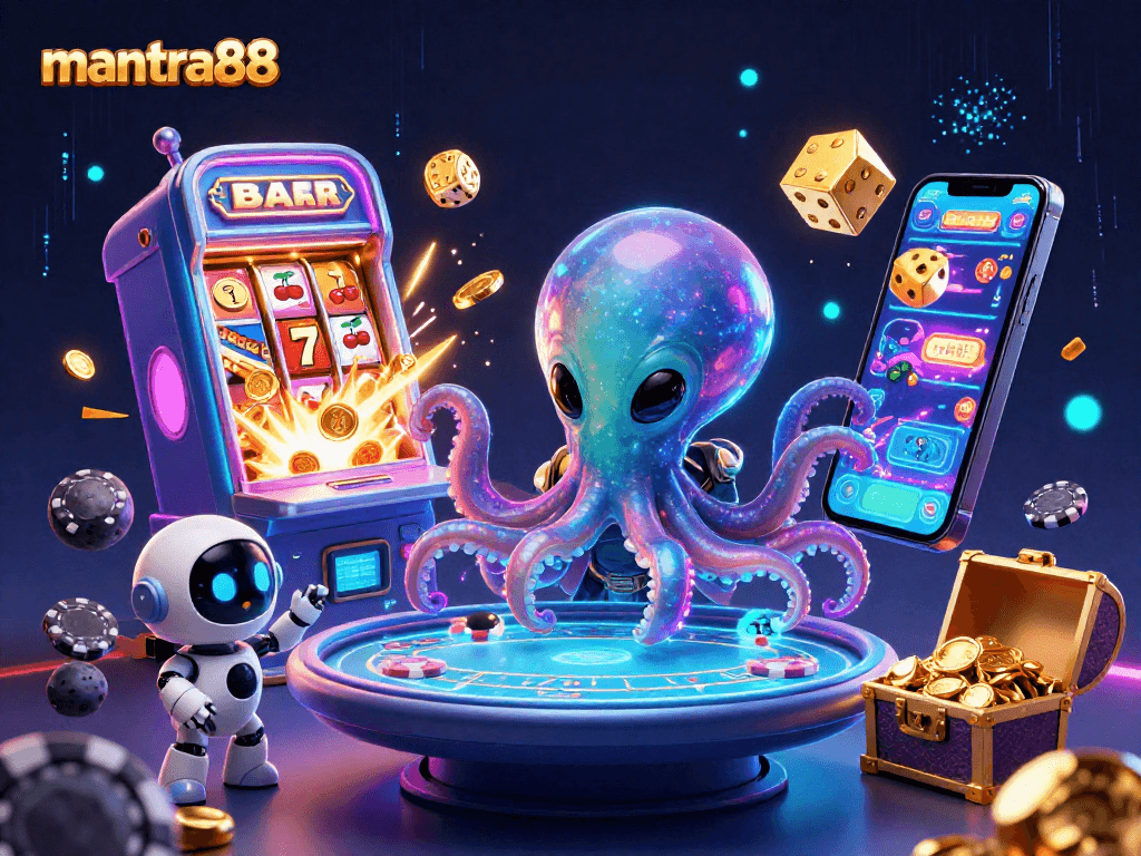 Join the action with mantra88, as an alien octopus deals at a vibrant poker table amidst floating game elements.
