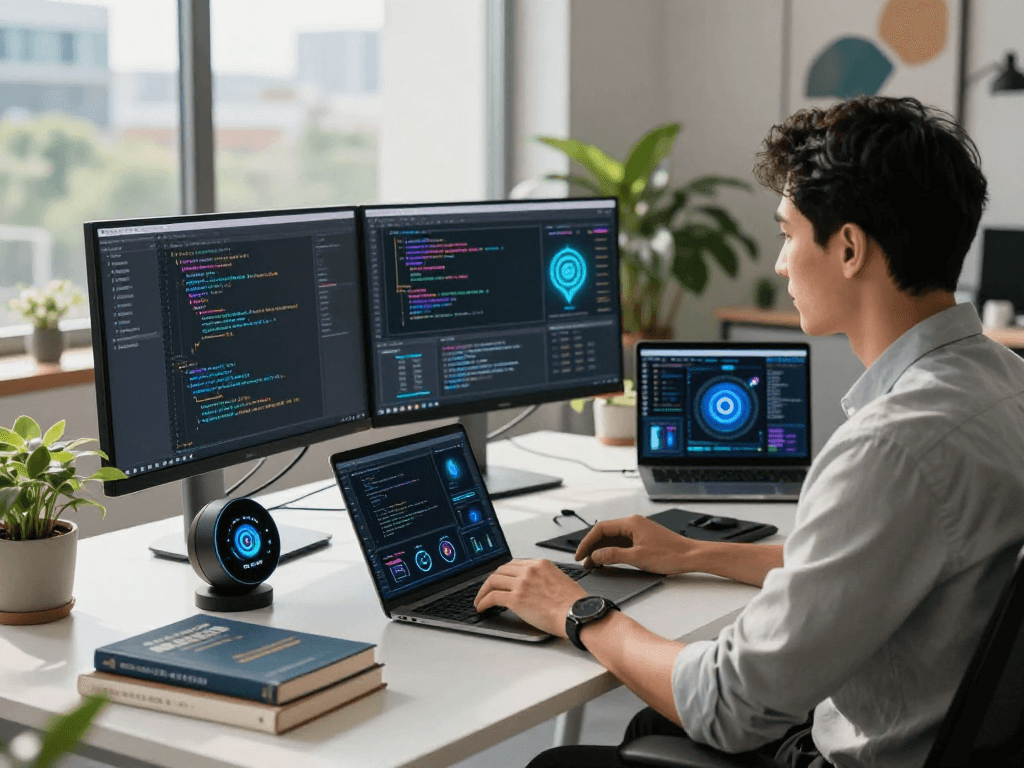 Developer using AI gf tools at a modern workstation with dual monitors and vibrant workspace decor.