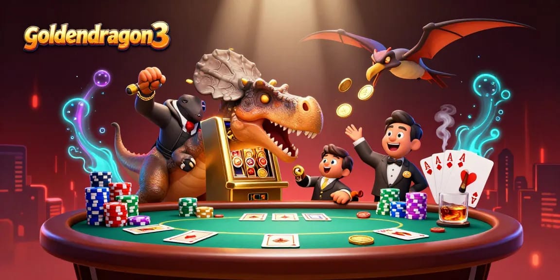 Goldendragon3 illustrates a pachycephalosaurus hitting a slot machine, coins flying, in a vibrant casino setting.