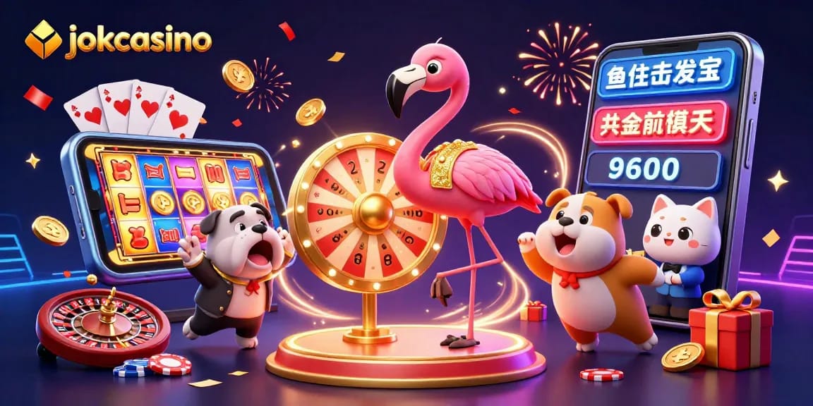 Engage with jokacasino's vibrant 3D casino illustration featuring a flamingo host and bulldog contestant.